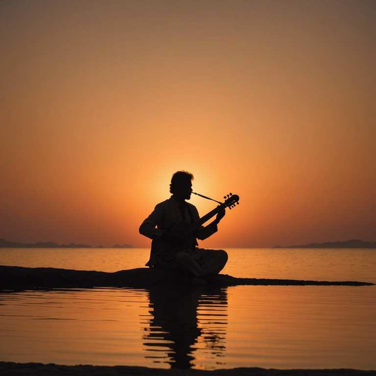 Imagine a gentle caress of dawn over the river ganges, portrayed through the melodious plucking of a sitar, reflecting a deep connection with nature and self during the tranquil early hours.