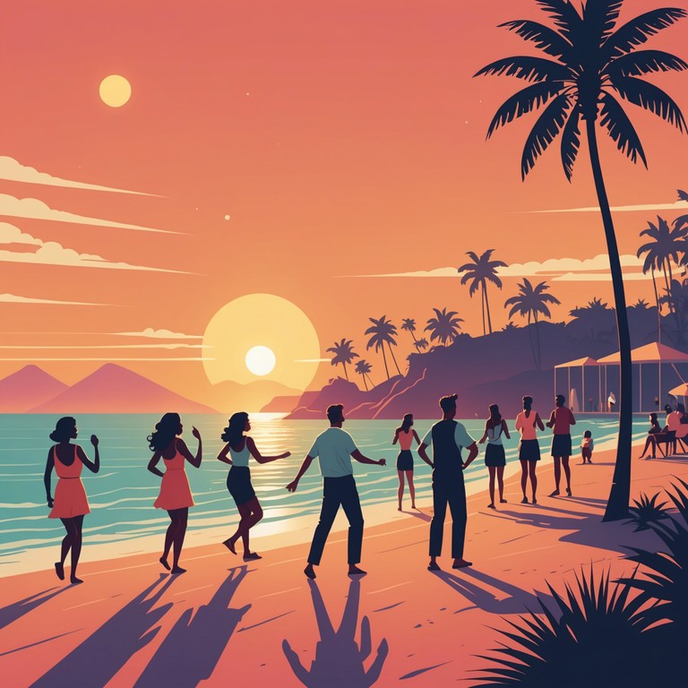 Imagine a beachside party as the sun sets, casting golden hues all around while energetic salsa rhythms play, inspiring everyone to dance with joy. The music features complex rhythms that capture the essence of a lively beach fiesta, filled with passion and spontaneity.