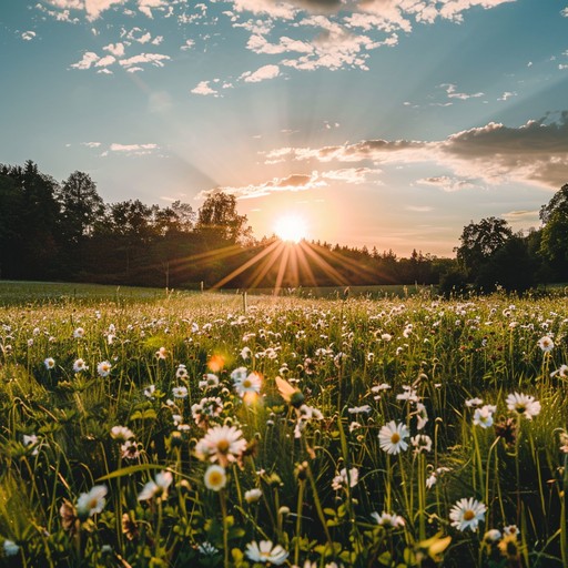 A radiant orchestral composition that paints a picture of a sun drenched meadow filled with blossoming flowers and playful creatures. The piece features a vibrant arrangement with strings, brass, and woodwinds, capturing the essence of a joyful summer day. Perfect for evoking feelings of happiness and renewal.