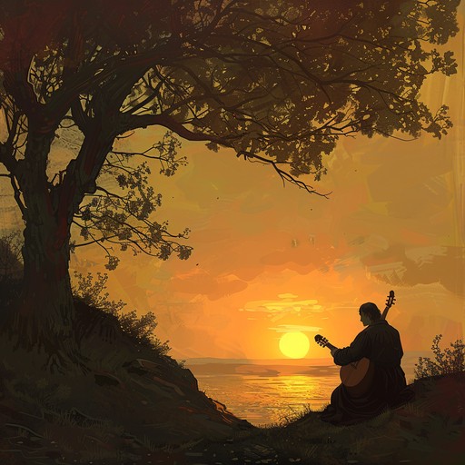 An instrumental song capturing the wistful musings of a lone troubadour reflecting on lost love and distant memories while wandering through ancient landscapes, evoking the melancholic beauty of medieval sunsets.