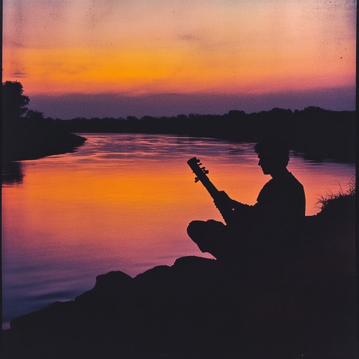 An instrumental hindustani piece featuring intricate sitar melodies that weave together feelings of love and longing, set against a backdrop of a setting sun. The music flows like a river, reflecting on memories of past times, blending traditional indian classical motifs with modern sensibilities.