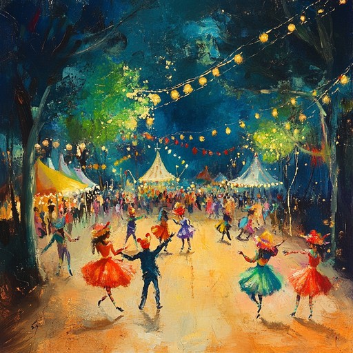 Emulating the festive atmosphere of a vibrant carnival, this composition captures the essence of celebration and collective joy. Bright brass instruments create rhythmic harmony that resonates with the spirit of festivity, while pulsating drums maintain a steady, dance inducing beat, immersing the listener in a soundscape of exuberance and color.