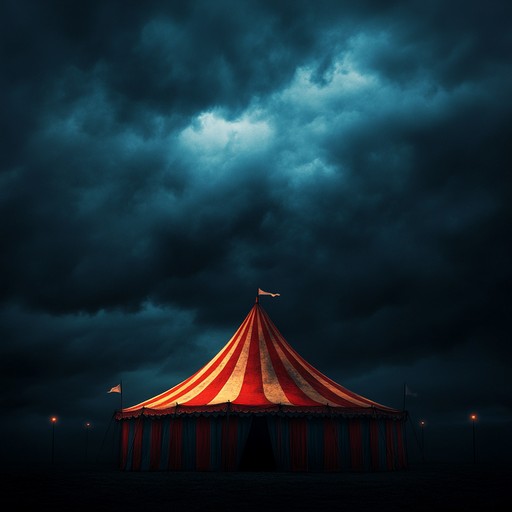 A chilling instrumental combining dark cabaret elements with twisted circus melodies, evoking a gothic atmosphere filled with suspense and mystery. The piece features haunting piano lines, ominous percussion, and eerie accordion tones, painting a soundscape of a sinister circus performance in the dead of night.