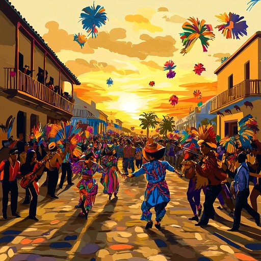 A vivacious track blending funky basslines with lively latin percussion and vibrant brass melodies, capturing the essence of a sunset street carnival. Syncopated rhythms and seamless improvisation create an atmosphere of celebration and movement.