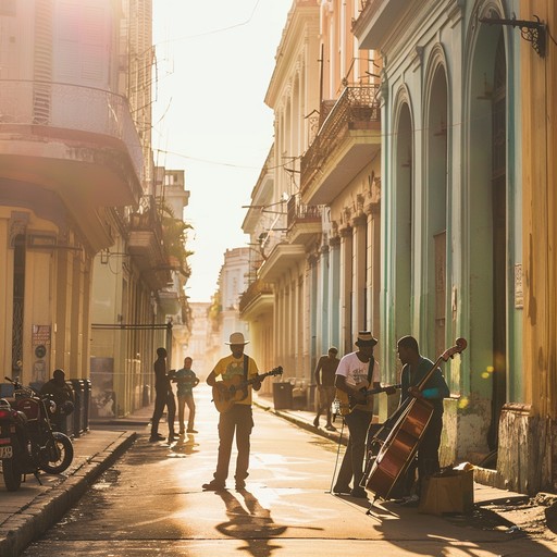 An upbeat fusion of lively latin rhythms and expressive jazz melodies. Picture a sunny havana street bursting with vibrant energy and musical flair. The rhythmic clatter of congas and the soulful sway of horns create a festive atmosphere.