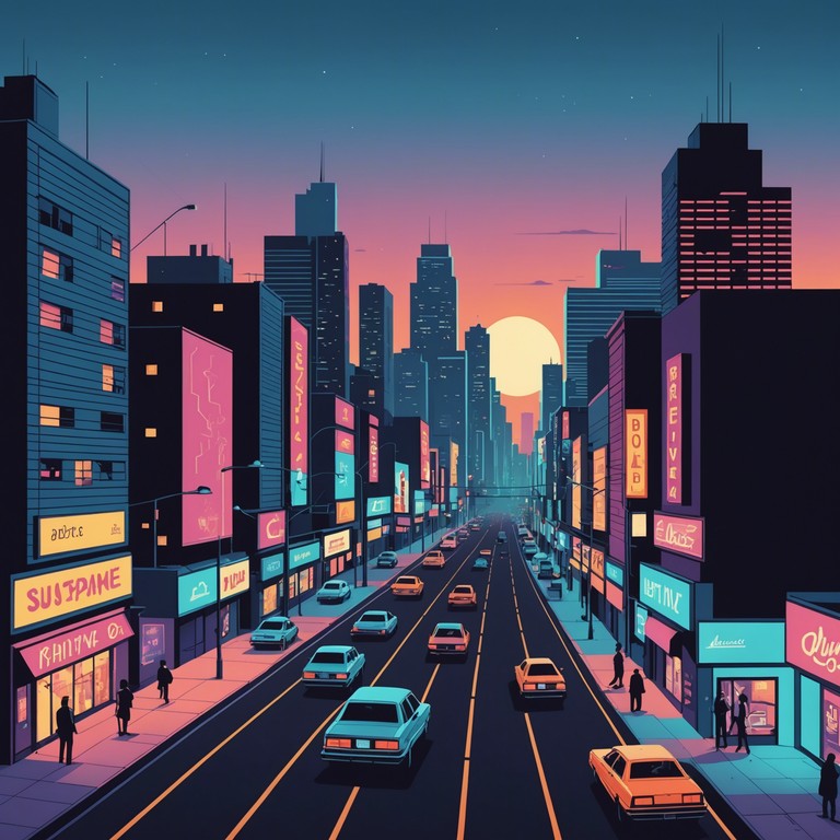 A dreamlike composition that leverages vibrant synth melodies intertwined with soft electronic beats, inviting the listener on a retro futuristic journey through an electrified urban landscape at night.