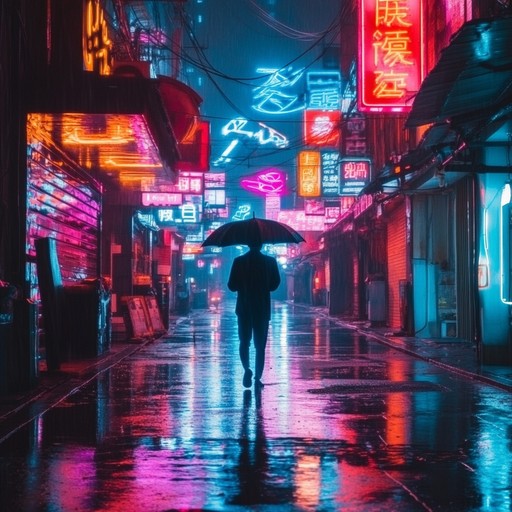 An evocative instrumental piece blending warm synthesizers and subtle guitar melodies, depicting a quiet walk through rain soaked neon lit city streets, capturing feelings of nostalgia and introspection.