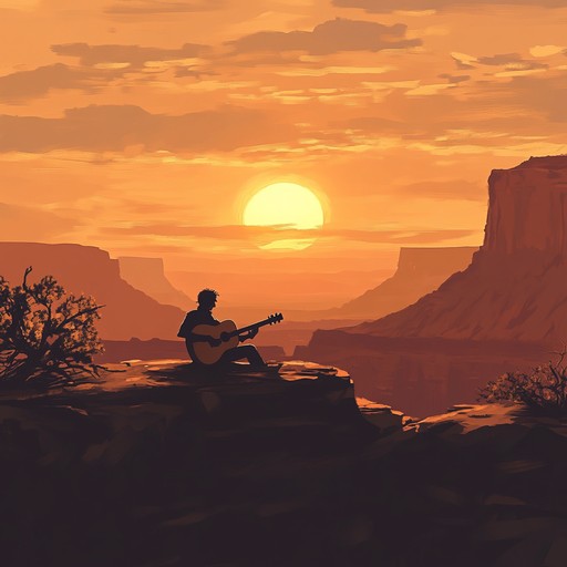 This tune conveys the serenity of a twilight desert. The soft strumming of a guitar, accompanied by the haunting harmonica, paints a picture of a peaceful evening where shadows grow long and the sky fills with the soft glow of the setting sun.