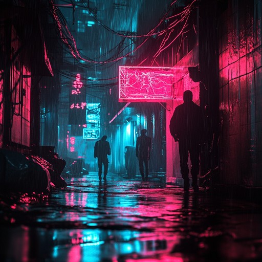 Imagine a rain soaked neon cityscape with mechanical pulses and dark, menacing synth lines, capturing the essence of a cyber dystopian future.