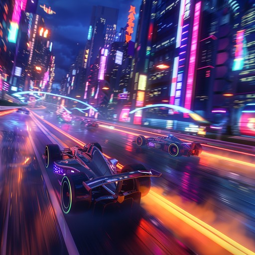 This track transports you to a vibrant night race in a cyberpunk city with thrilling electronic beats, creating an exhilarating and fast paced sonic experience.