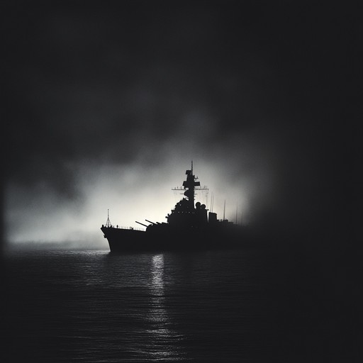 An atmospheric orchestral piece conveying the tension of russian naval operations during a foggy night, using dramatic strings and haunting melodies to evoke suspense and anticipation