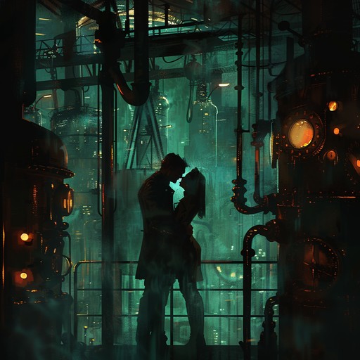 Harsh mechanical beats interwoven with captivating guitar riffs create a heart throbbing industrial rock atmosphere. The harmonic mix of dark and light elements portrays the intense fervor and mechanical intricacies of romantic love in a dystopian setting.