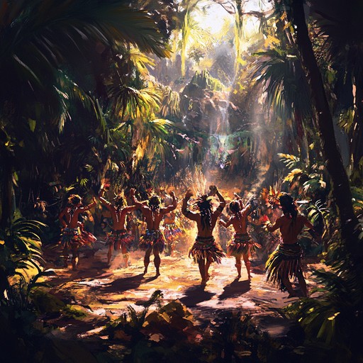 Immerse yourself in a vibrant tribal gathering with vigorous drumming, layered percussion, and atmospheric chanting that evokes the sounds and spirit of a joyous jungle celebration. The dynamic rhythms increase in intensity, bringing a sense of unity and exhilaration.