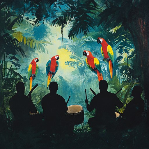 This song immerses listeners in an intense tropical jungle atmosphere, with fast and energetic afro cuban percussion rhythms, and intense syncopated beats. It's wrapped in layers of exotic bird calls and rainforest sounds, bringing the untamed wilderness to life. Engaging brass sections and bright marimba melodies add vibrant burst of color, making it a thrilling aural adventure.