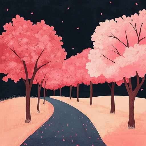 An instrumental piece blending soothing melodies with traditional japanese sounds, transporting listeners to a serene stroll beneath cherry blossoms on a gentle spring evening