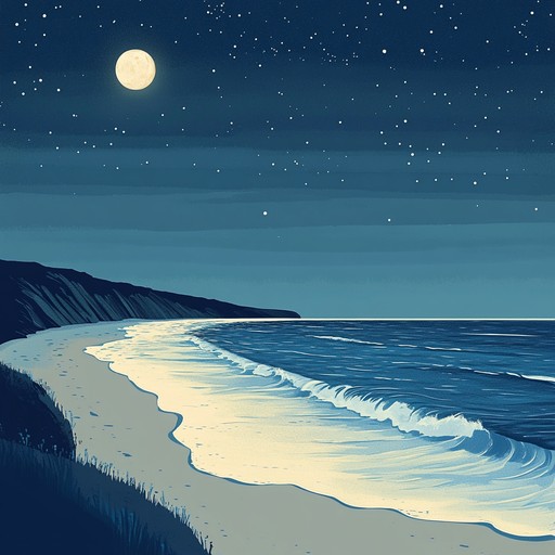 A tranquil instrumental bossa nova piece that transports the listener to a dreamy shoreline under the gentle glow of moonlight, where the rhythmic waves and soft breezes meld into a surreal musical journey.