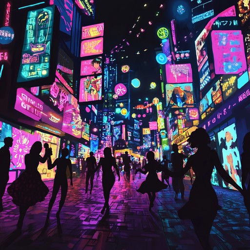 An energetic instrumental track that blends glittering glam rock elements with a carefree and joyful rhythm. The music evokes images of vibrant city streets at night, filled with dazzling lights and a festive atmosphere. The melody is driven by electric guitar riffs, pulsating basslines, and dynamic drum beats, creating an uplifting and liberating feel.