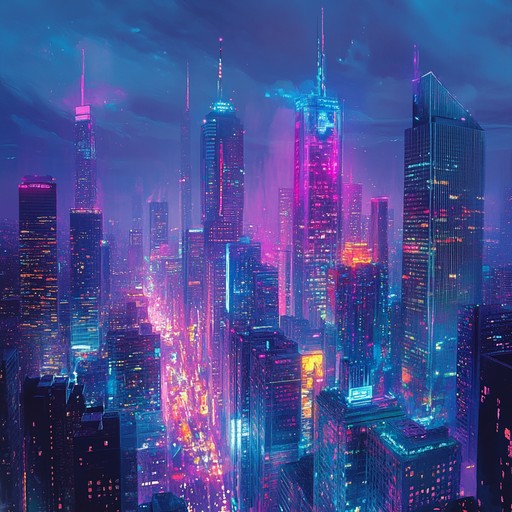 A grandiose electric guitar melody complemented by lush, futuristic synths, creating a vivid soundtrack of a neon lit skyline as seen from a dystopian mega city. The track juxtaposes powerful rhythms with ethereal ambient backdrops, perfect for evoking the grandeur of a cyberpunk metropolis.