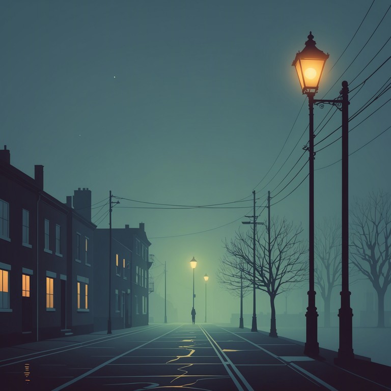 A haunting journey through dimly lit streets, guided by the soulful melancholy of a muted trumpet, evoking a deep sense of introspection and unresolved tension. The composition relies on minimalism to accentuate the emotional depth, creating an enveloping atmosphere of introspection and urban solitude.