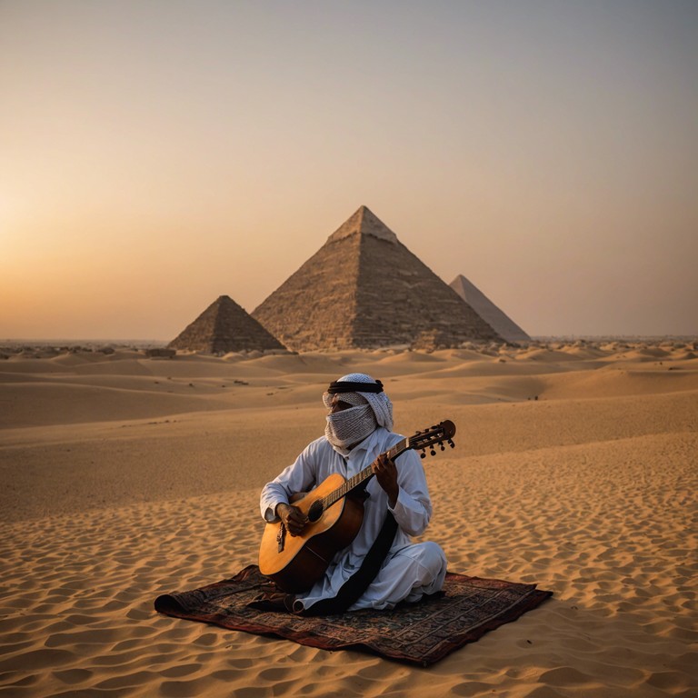 This track is a sonic exploration that takes the listener on a journey from the bustling markets of cairo to a serene sunset on the mediterranean. The core of the song is a dynamic blend of middle eastern melodies and rhythms seamlessly fused with elements of western jazz, creating a rich tape istry of sounds that evoke a sense of wonder and cultural harmony. The oud, with its deep, resonant strings, leads the melody, accompanied by jazz infused bass lines and intricate percussion, bridging the gap between two distinct musical worlds.