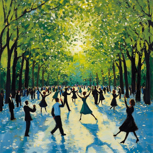 Picture a lively park filled with the sound of an accordion led waltz as people enjoy a bright afternoon. The melody evokes feelings of happiness and excitement, inviting listeners to join the dance and immerse themselves in the joyful atmosphere.