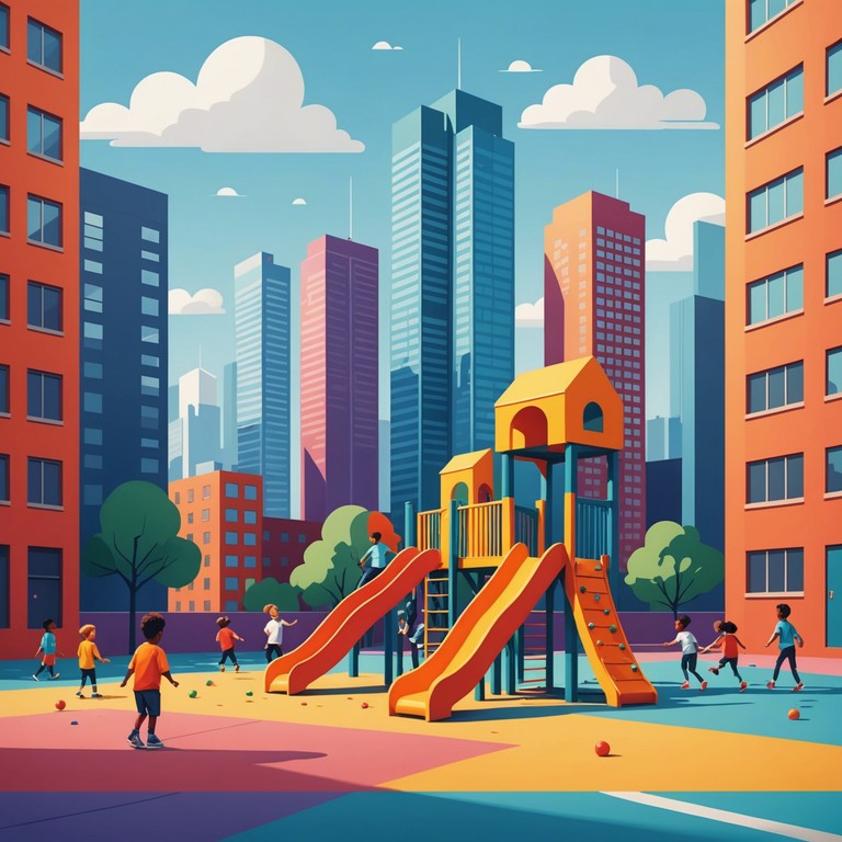 A unique musical composition blending playful melodies with urban sounds to capture the essence of children playing and exploring in a cityscape. The track uses targeted instrumentation to evoke a sense of adventure and joy typical of a bustling city playground