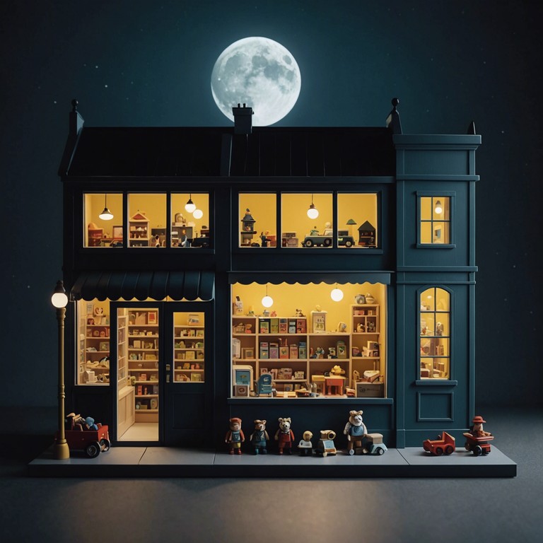 Delve deeper into the nighttime adventures of animate toys with a backdrop of enigmatic tunes from a music box, painting a scene both magical and a tad mysterious, perfect for a child’s imaginative exploration