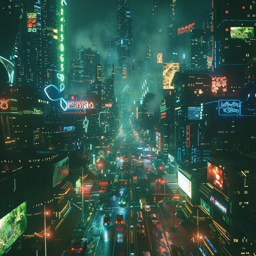 Imagine a sprawling futuristic city wrapped in the shadows of neon lights. The music pulses with electric energy as cyberspace merges with reality. Bold electronic beats, distorted synths, and high tech sound effects create a frenetic atmosphere that encapsulates the essence of a high stakes, cyberpunk adventure.