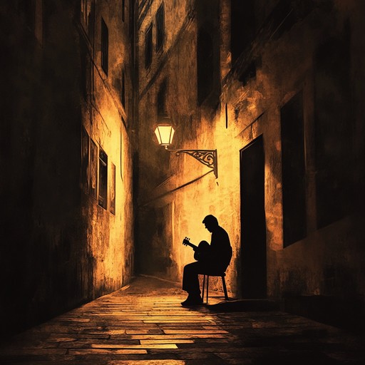 An instrumental piece where the classical guitar weaves dark and suspenseful latin melodies, evoking the tension and mystery of shadowed alleyways in a bustling latin city at night.