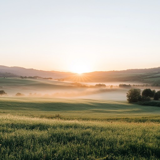 A peaceful composition capturing the essence of a tranquil, early morning in vast, green meadows, where the fresh scent of dew lingers in the air and the only sounds are the gentle tunes reflecting the calmness of nature.