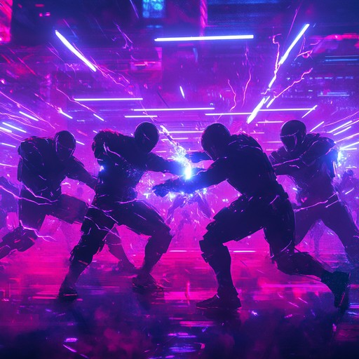 An instrumental cinematic track that combines powerful orchestral elements with modern electronic sounds, portraying an epic futuristic battle between gladiators. The music builds intensity with driving rhythms, soaring melodies, and dynamic contrasts, evoking a sense of courage, determination, and high stakes action in a futuristic arena.