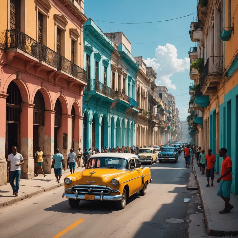 A stylized musical representation of waking up in havana, merging bouncy, playful tunes with the iconic robust afro cuban rhythms, perfectly capturing the essence of a city that never sleeps, all set against the backdrop of havana’s picturesque streets and vivacious community life