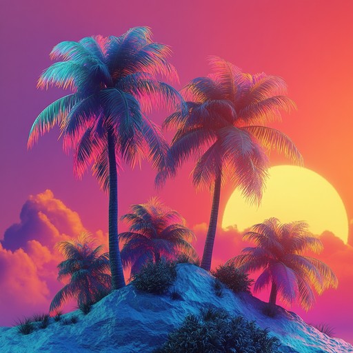 A vibrant instrumental track that blends futuristic electronic elements with traditional tropical rhythms, creating an immersive soundscape reminiscent of a high tech paradise island.