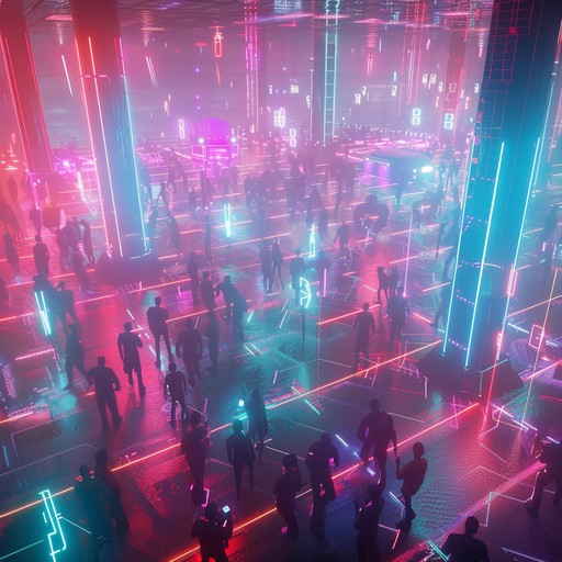 Dive into a vibrant electronic landscape pulsating with high tech, neon lit excitement, capturing the essence of a cyberpunk rave