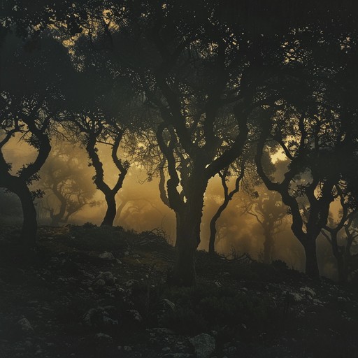 Explore a mystical forest at night where dark tales are whispered by ancient trees. A haunting melody carried by ethereal flutes intertwines with rhythmic drum beats, creating an eerie and spirited atmosphere. The music conjures visions of shadowy figures and forgotten legends.