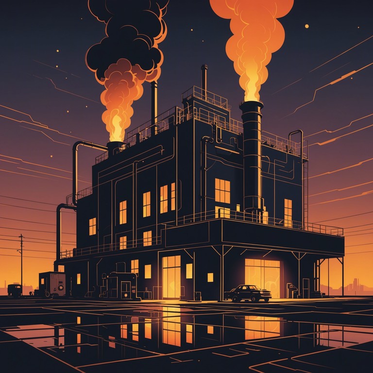 Imagine standing in the midst of a dimly lit factory at night, where every machine's movement creates a harmonious yet chaotic sound, blended into a powerful composition. The track captures the essence of raw energy and the relentless spirit of industrial machinery in motion, emphasizing robust metallic beats and reverberating echoes that paint a soundscape of a post apocalyptic industrial world.