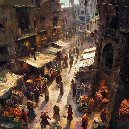 The lively sounds of a bustling outdoor marketplace, filled with the energetic haggling of merchants and customers, the chatter of passersby, and the occasional animal noise. Capture the vibrant ambience of a local bazaar at its peak hours.