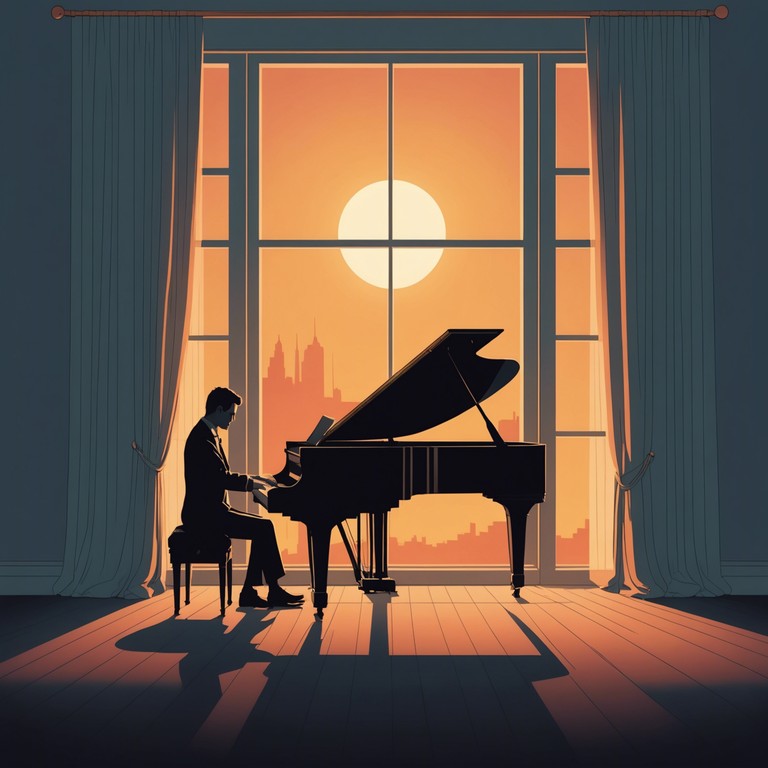 A song filled with the rich, enigmatic tones of a grand piano, evoking a journey from the ominous shadows of twilight into the first melancholic whispers of dawn.