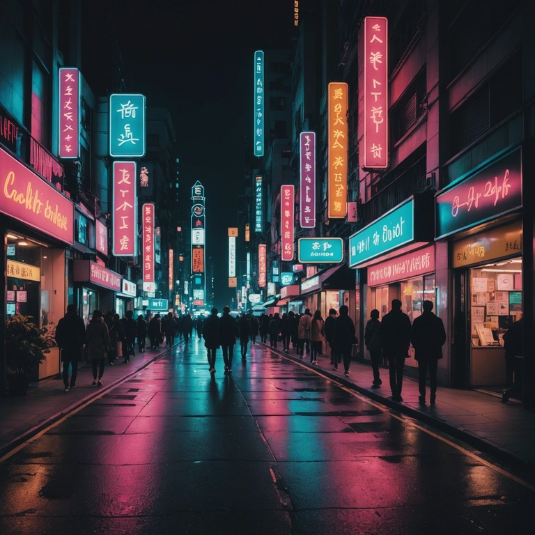 An instrumental track that encapsulates the feeling of exploring a vibrant, neon lit cityscape at night. The music combines electronic sounds with hip hop rhythms, creating a dynamic and immersive urban atmosphere. It's designed to evoke the sense of wandering through busy streets alive with energy and pulsating with life, reflecting the duality of urban excitement and the solitude of night.