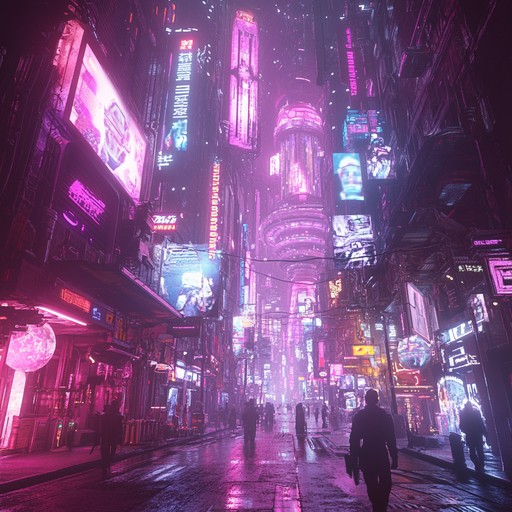 Embark on a relentless pursuit through the futuristic urban sprawl as powerful synths and staccato rhythms mirror the exhilarating intensity and unwavering confidence of a cyberpunk protagonist.