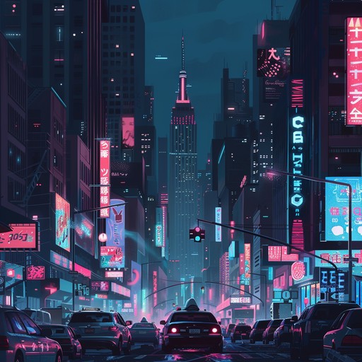 A bustling metropolis captured in sound, with energetic synthesizers creating a dynamic, vibrant atmosphere. The track pulsates with life and color, featuring rich electronic textures, driving rhythms, and shimmering sounds that evoke a futuristic city at night.
