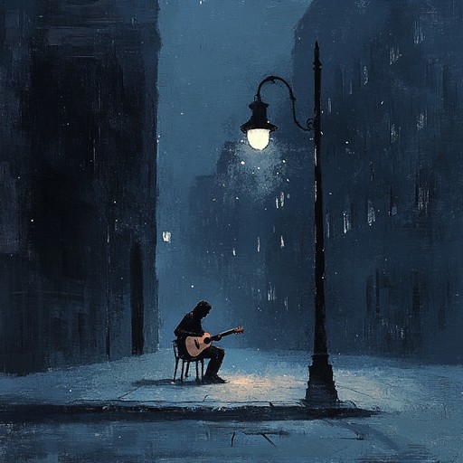 An instrumental blues track featuring brooding guitar riffs that evoke the loneliness of a solitary traveler wandering through shadowy city streets at midnight, filled with haunting harmonica accents that intensify the melancholic atmosphere.