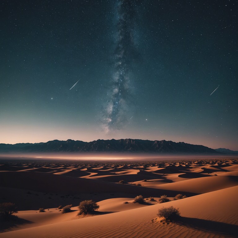 An evocative flute melody delicately traces the silhouettes of sand dunes under a moonlit sky, creating a sense of mystery and anticipation. The song captures the essence of a secretive, nocturnal adventure through an expansive desert landscape, where each note mirrors the shifting sands and the cool, whispering winds.