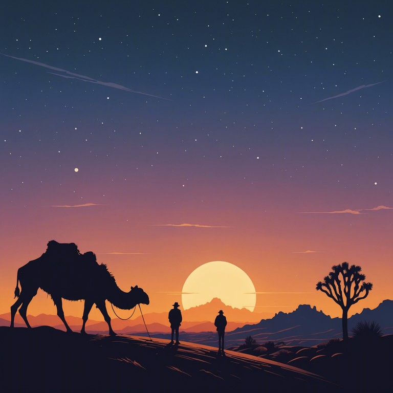 This composition captures the essence of a tranquil, yet mystifying night amidst the expansive middle eastern deserts. Utilizing traditional instruments, the music entwines enigmatic melodies with ancient harmonic structures that provide a feeling of wandering through time transcendent sand dunes under starlit skies.