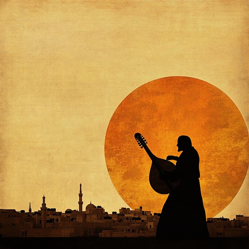 A vibrant instrumental track combining traditional middle eastern instruments like the oud and darbuka with modern percussion, creating a thrilling soundscape that represents a journey across the desert sands and ancient cities.