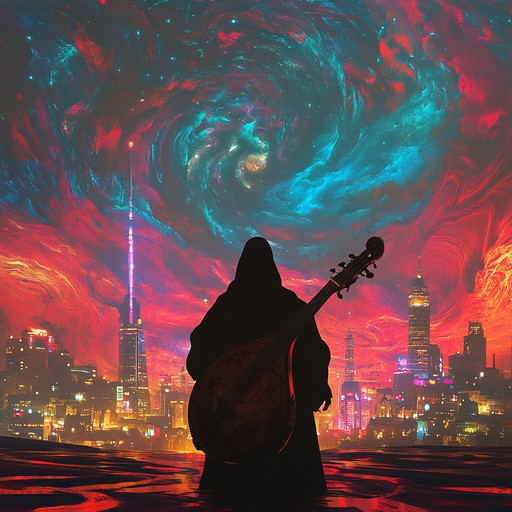 An exciting instrumental combining traditional oud with pulsating synthwave rhythms, blending melodies to create an exotic and energetic track.