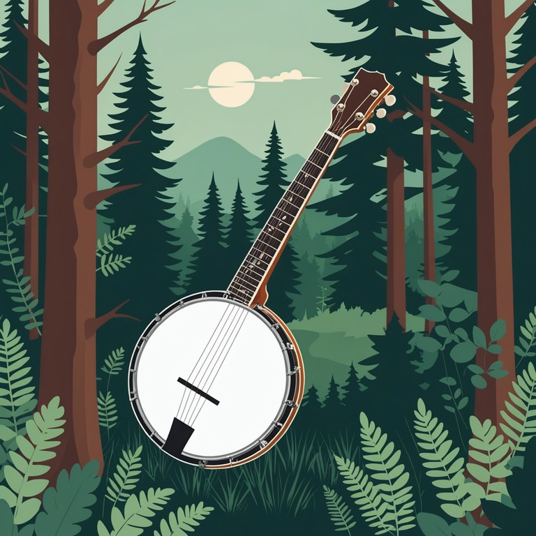 An instrumental journey through the forest's heart with solo banjo leading the listener along hidden paths draped in twilight's embrace, where each note reflects the echo of unseen creatures and the whispering wind.