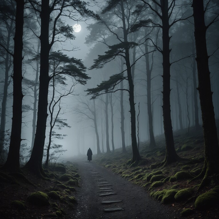 In the shadowy depths of an ancient, forgotten valley, eerie and somber melodies carry tales of old, whispered through the howling winds. The song conjures images of torch lit paths and cloaked figures traveling through dense, misty forests.