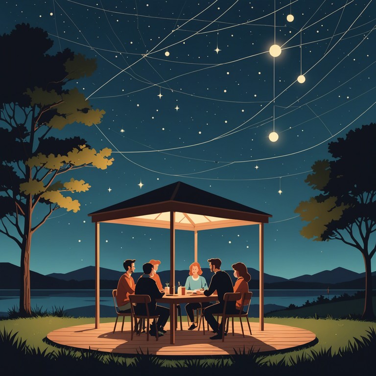 A gentle tune evoking a serene night, where twinkling stars hover above a quiet, festive gathering. Soft accordion notes blend with whispers of laughter and clinking glasses, enveloping the listener in a warm, ambient snugness. A dance of nostalgia and longing, perfect for reflecting on cherished memories.