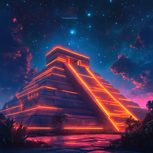 An instrumental track blending traditional aztec percussion and melodies with retro futuristic synthwave elements, creating a mesmerizing journey through time and culture.